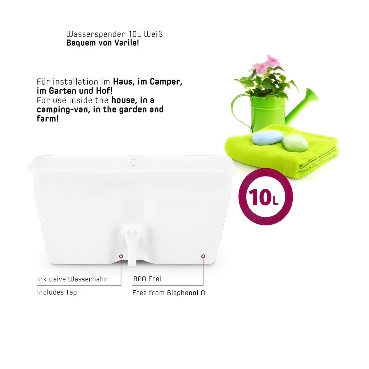 Distributore d'acqua da 10 l per orto da campeggio, garage, lavamani senza BPA Rukomojnik