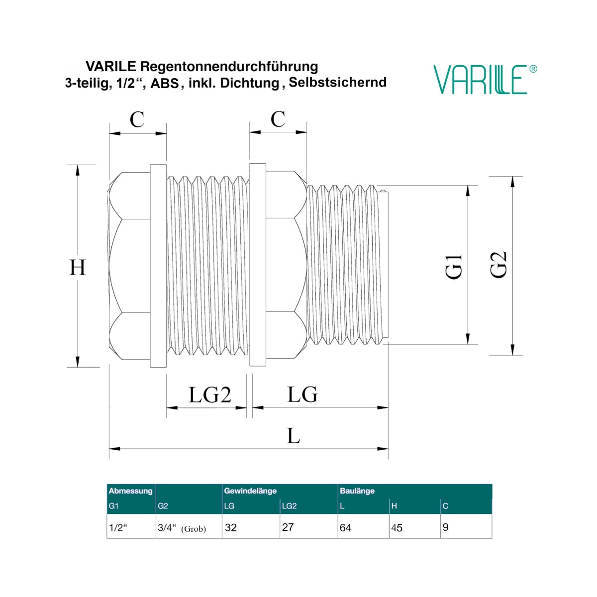 Traversée de réservoir 1/2 pouce AG autobloquante avec double filetage