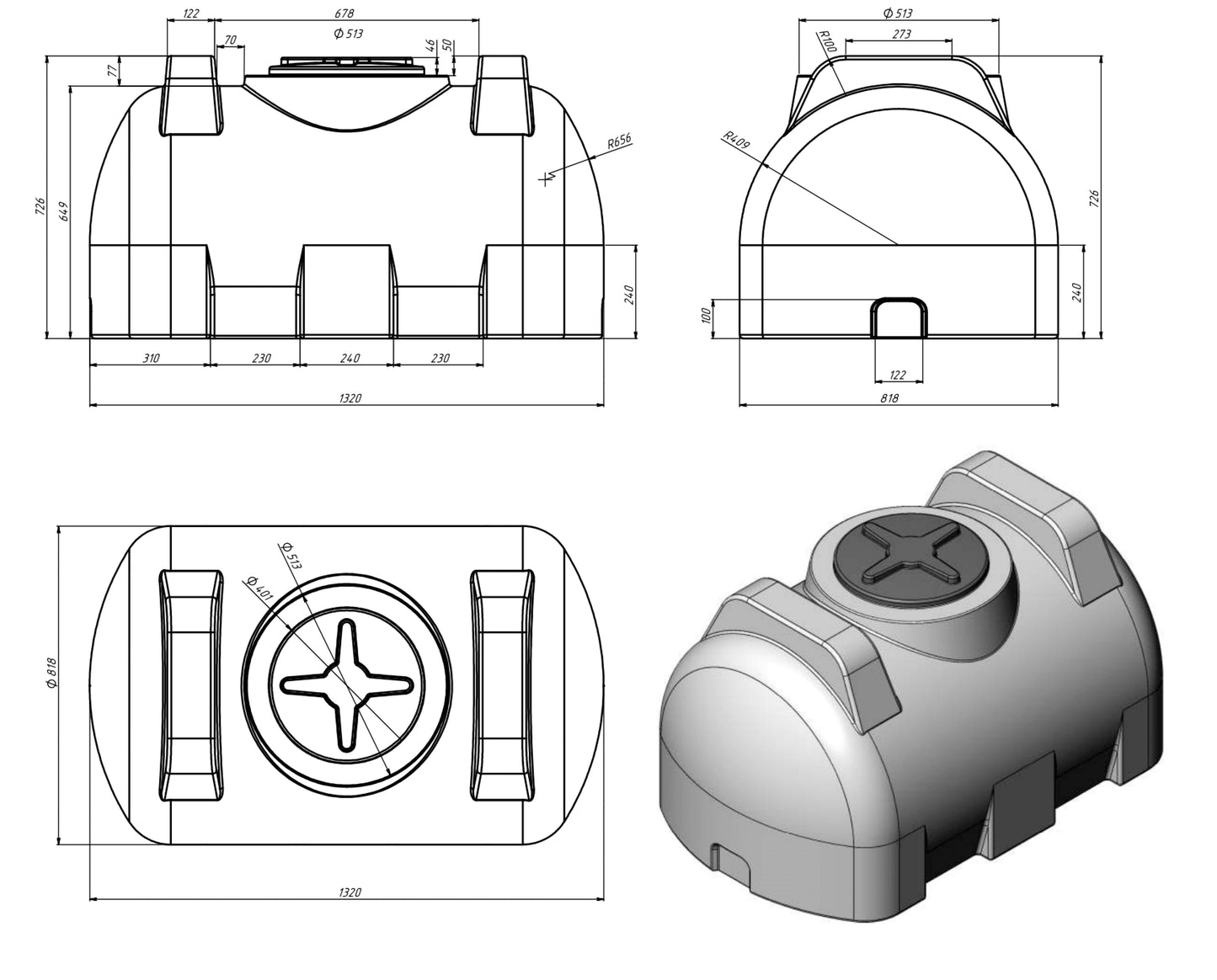 500L G-Serie Trinkwassertank Horizontal